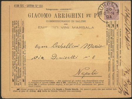 Regno - Umberto I - Listino affrancato per triplo porto con 60 cent violetto Umberto (47 cat.950)