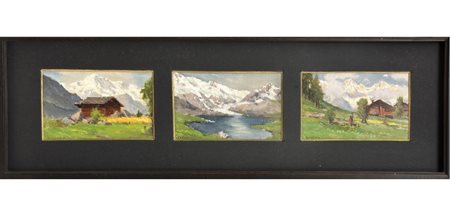 Giovanni Colmo Torino 1867 -1947 Trittico di tre vedute, monte Rosa, lago alpino, monte Bianco