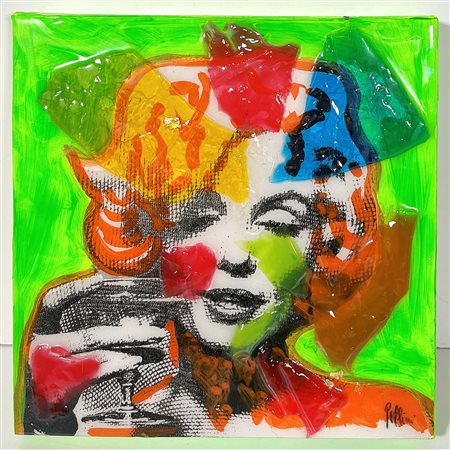 ROLANDO PELLINI, 30 X 30 cm, ”Omaggio a M. Monroe", Tecnica mista e resine su...