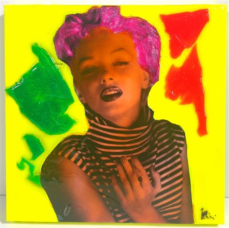 ROLANDO PELLINI, 30 X 30 cm, ”Omaggio a M. Monroe" - Tecnica mista e resine...