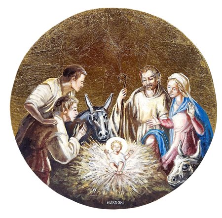 SERGIO NARDONI, diametro 21 cm, ”Natività”, tecnica mista su tavola, opera...