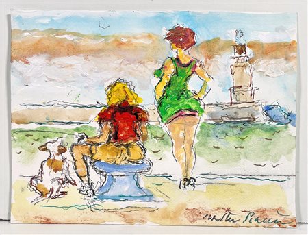 WALTER PIACESI, 24 X 18 cm, ”Figure al molo", china e acquarello su carta,...