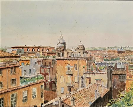 ROBERTO MARRAS, 70 X 90 cm, Acquarello su cartoncino, titolo Veduta di Roma,...