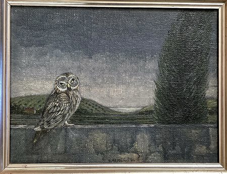 GIOXE DE MICHELI, 30 X 40 cm, olio su tela del 1986, Titolo Civetta nel...