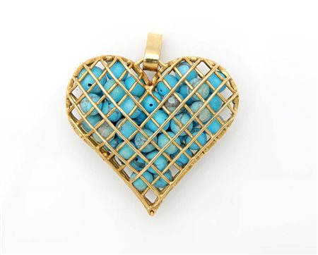 Grande pendente a cuore in oro e turchese Oro giallo 750/000. Peso...