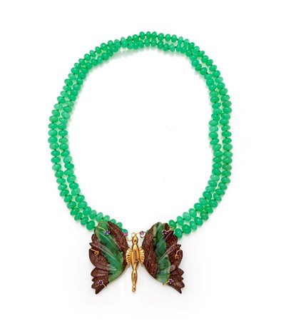 Collana in oro, giada, crisoprasio. Oro giallo 750/000. Lunghezza cm 54