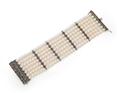 Bracciale in oro, perle, argento e diamanti Oro a basso titolo, argento...