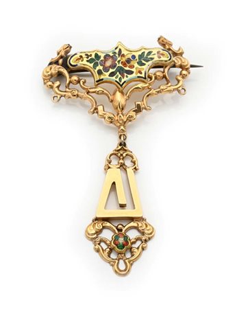 Spilla pendente antica in oro e smalti Oro giallo 750/000. Peso complessivo...