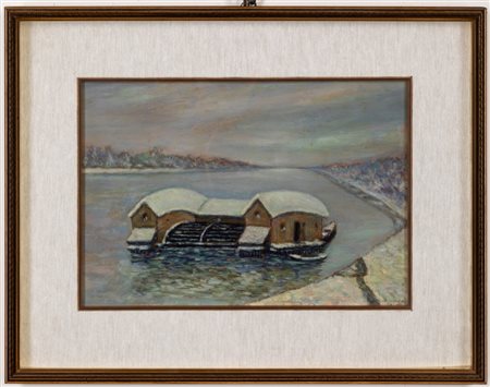 Dino Villani (Nogara 1898 - Milano 1989)  - Mulino sul Pò con la neve, 1973