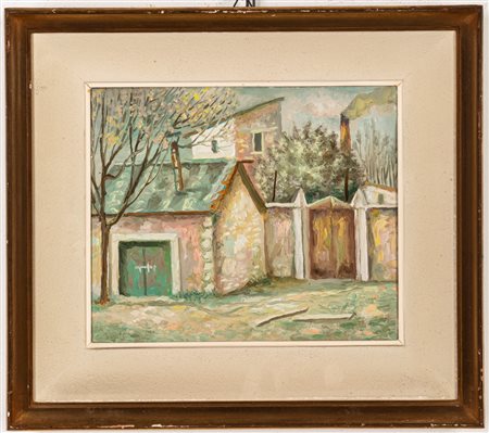 Armando Buratti (Roma 1924 - 2018)  - Interno di giardino con garage, 1955