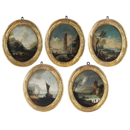 Cinque dipinti ovali paesaggi - Marche XVIII secolo Olio su Tela N°5 dipinti...