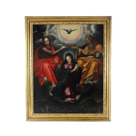 Pittore Manierista - Incoronazione della Vergine Fine XVI secolo Dipinto olio...