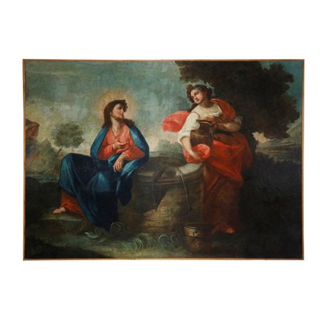 Grande dipinto "Gesù e la Samaritana al pozzo" - Scuola Romana - Fine XVII...