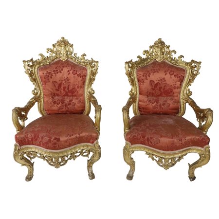 Coppia di Poltrone intagliate e dorate - Napoli XIX secolo Preziosa e...
