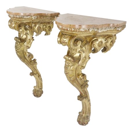 Coppia di consolle dorate Luigi XIV - Napoli - Inizi XVIII secolo Coppia di...