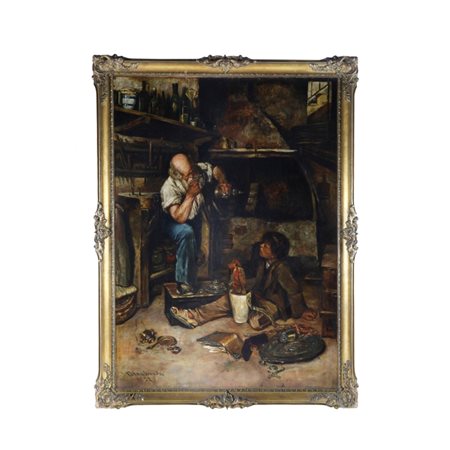 Dipinto di artigiano con ragazzo di bottega seduto a terra Fine XIX secolo...