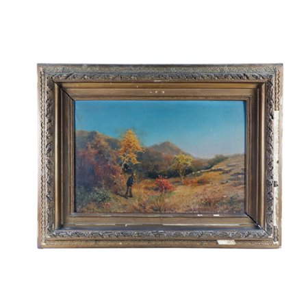 Alfonso Simonetti (Napoli, 1840 - Castrocielo, 1892) Paesaggio con cacciatore...