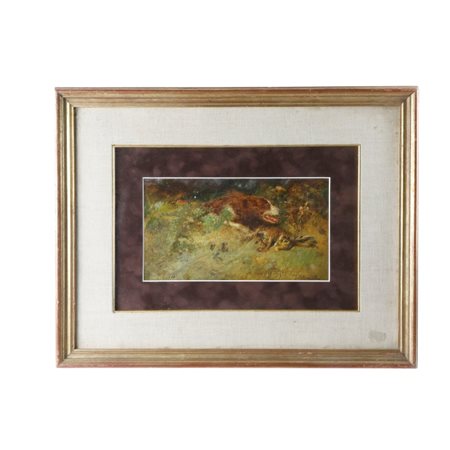 TITO PELLICCIOTTI (Barisciano , 1871 - Barisciano, 1950) Cane con lepre Olio...