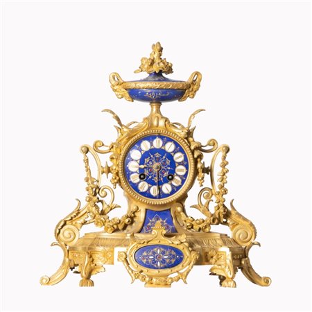 Trittico da Camino in Bronzo Dorato e Smalto Blu XIX secolo Prezioso insieme...