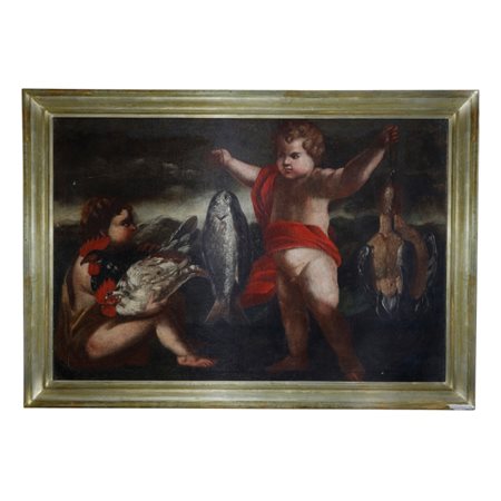 Dipinto allegoria cacciagione - Emilia - XVII secolo Olio su Tela Tela...