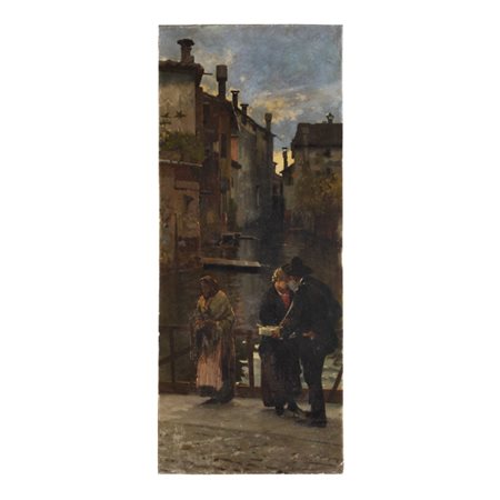 Scorcio di canale veneto con personaggi sul pontile Dipinto olio su tela...