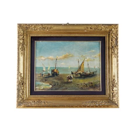 Arnaldo Delisio (Castelbottaccio (CB), 1869 - 1949) Marina con barche Olio su...