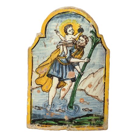 Placca in maiolica policroma raffigurante San Cristoforo, 1800