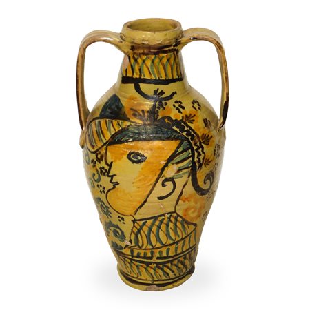 Quartara in maiolica di Caltagirone con decoro sul fronte