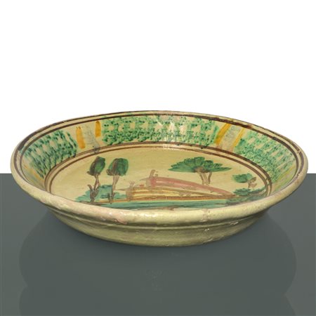 Piatto in maiolica di Caltagirone dipinto al centro con alberi, primi 20° secolo