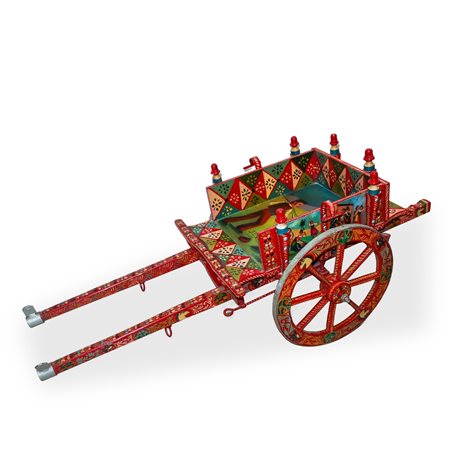 Domenico Di Mauro (Guardia Mangano 1913 - Aci S. Antonio 2016)  - Piccolo carretto siciliano in legno dipinto policromo con Etna e scena di combattimento