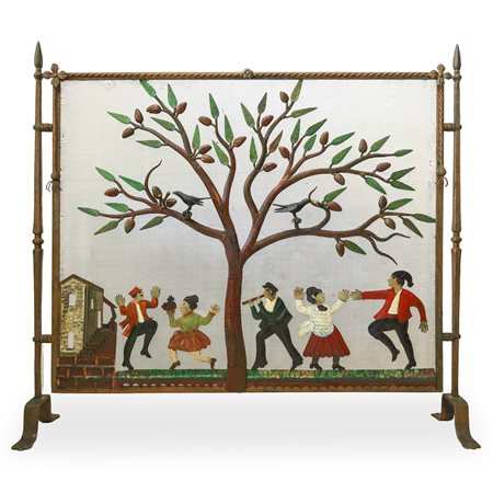 Parascintille in ferro battuto con raffigurazione di un albero e personaggi
