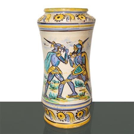 Grande cilindro in maiolica di Caltagirone dipinto policromo con raffigurazione di pupi siciliani, 20° secolo