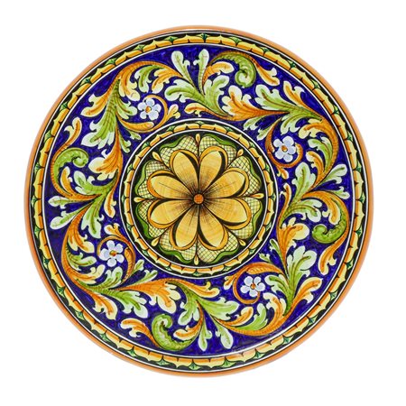 Piatto decorativo da muro in maiolica policroma di Caltagirone con fiore al centro