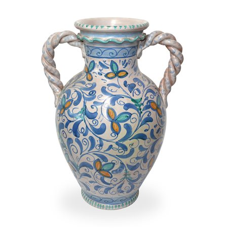 La Bottega Calatina  Caltagirone - Grande vaso biansato in maiolica policroma di Caltagirone con prese a torchon