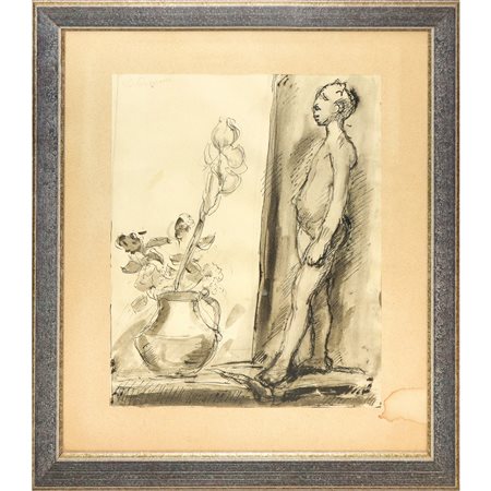 Elio Romano (Trapani 1909 - Catania 1996)  - Uomo con vaso di fiori