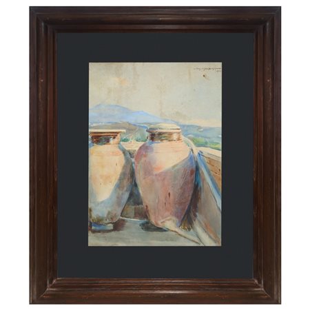 Angelo Sanfilippo (1883 - 1945)  - Giare in terracotta con l'Etna sullo sfondo, 1903