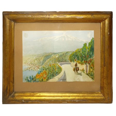 Gaetano D'Agata (1883 - 1949)  - Scorcio di via Pirandello a Taormina con l'Etna sullo sfondo, 20° secolo