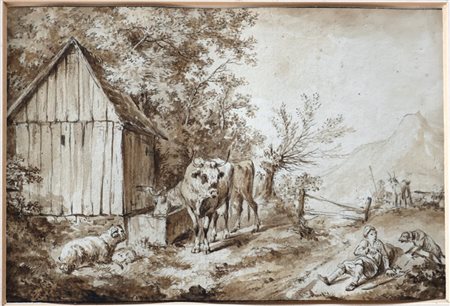 Scuola del Nord-Italia del XVIII-XIX Secolo, Scena rurale con bovini e figure