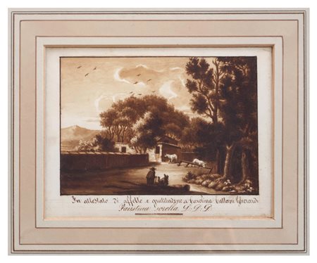 Scuola italiana della fine del XVIII - inizio del XIX Secolo, Paesaggio rurale con architetture, figure e animali