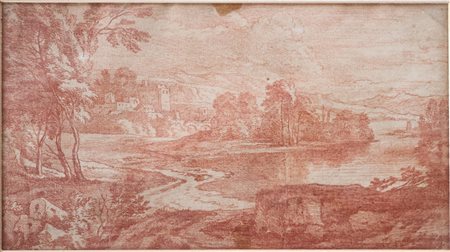 Scuola italiana del XVII-XVIII Secolo, Paesaggio fluviale con architetture e vegetazione