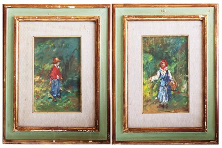 Norberto Martini (Firenze, 1940 - 2007), Coppia di dipinti con fanciulli che vendono fiori