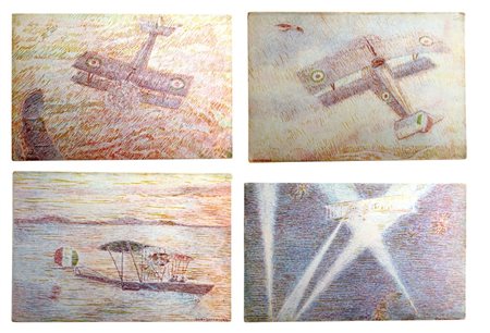 Lotto di 4 cartoline illustrate - Mostra Aeronautica 1917, Milano.