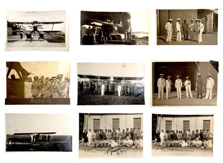 Lotto composto da 9 fotografie a soggetto aeronautico e militare, primi decenni del XX secolo.