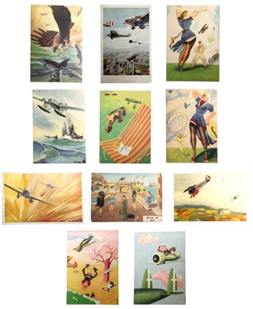 Lotto di 11 cartoline illustrate originali Arma Aeronautica - Aviazione Militare Italiana.