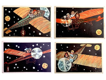 Lotto di 4 cartoline illustrate vignette aeronautiche, serie 'IICI Serie 25', firmate in lastra 'N. Azzoni'.