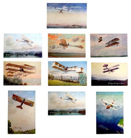 Lotto di 10 cartoline illustrate a soggetto aviatorio, aeronautica e storia del volo