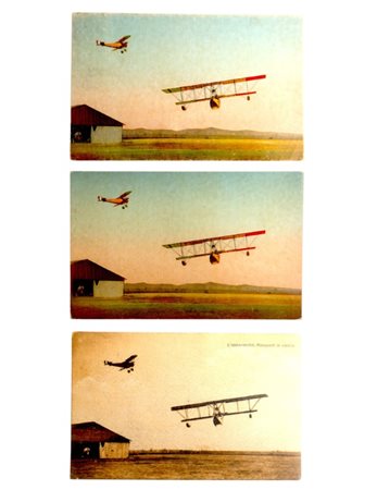 Lotto di 3 cartoline postali fotografiche a soggetto aeronautico, 1916-1918.