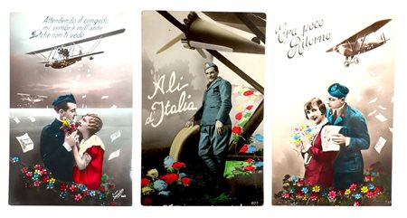 Lotto di 3 cartoline illustrate a soggetto aviatorio e sentimentale, aeronautica italiana e storia del volo