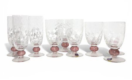 Servito di bicchieri in vetro di Murano incolore e rosa