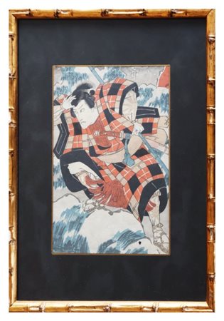 Scuola di Utagawa, xilografia giapponese raffigurante guerriero in abito tradizionale